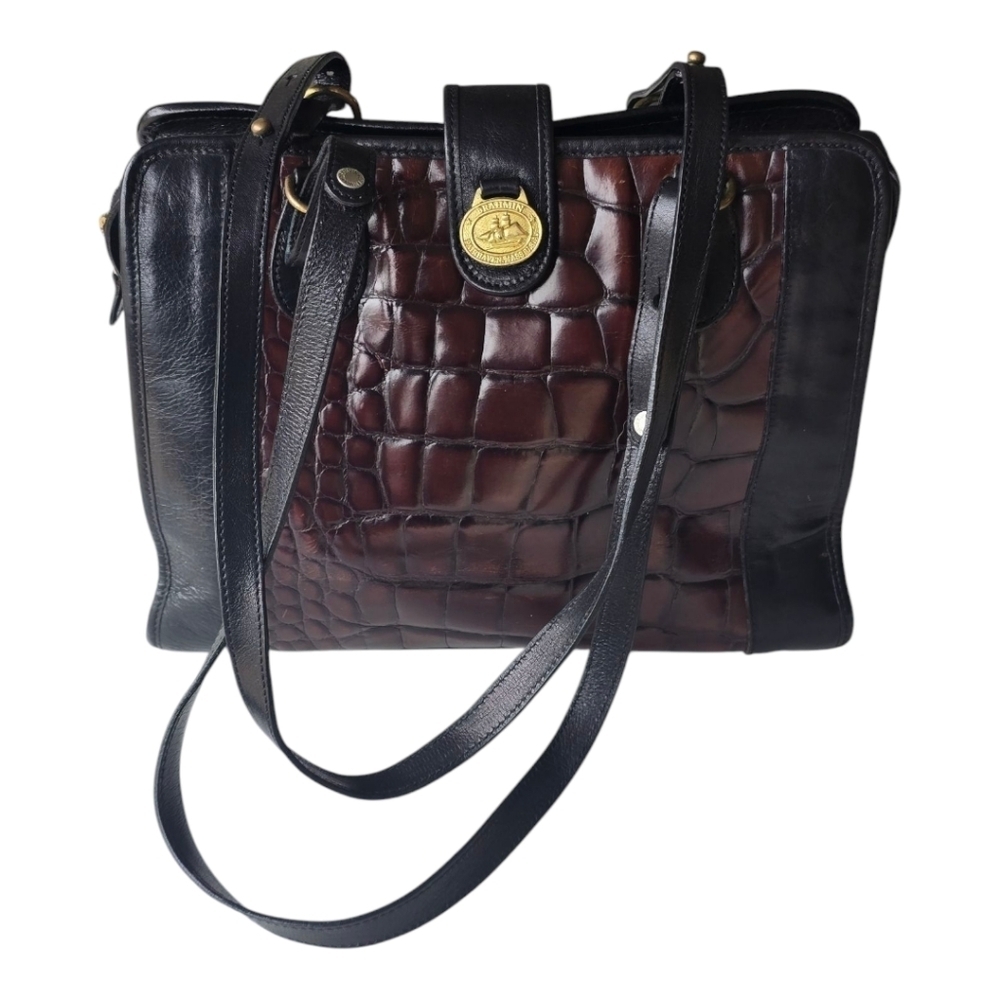 VTG Brahmin Tote Leather Handbag Women Crocodile Print Brown Black Rare